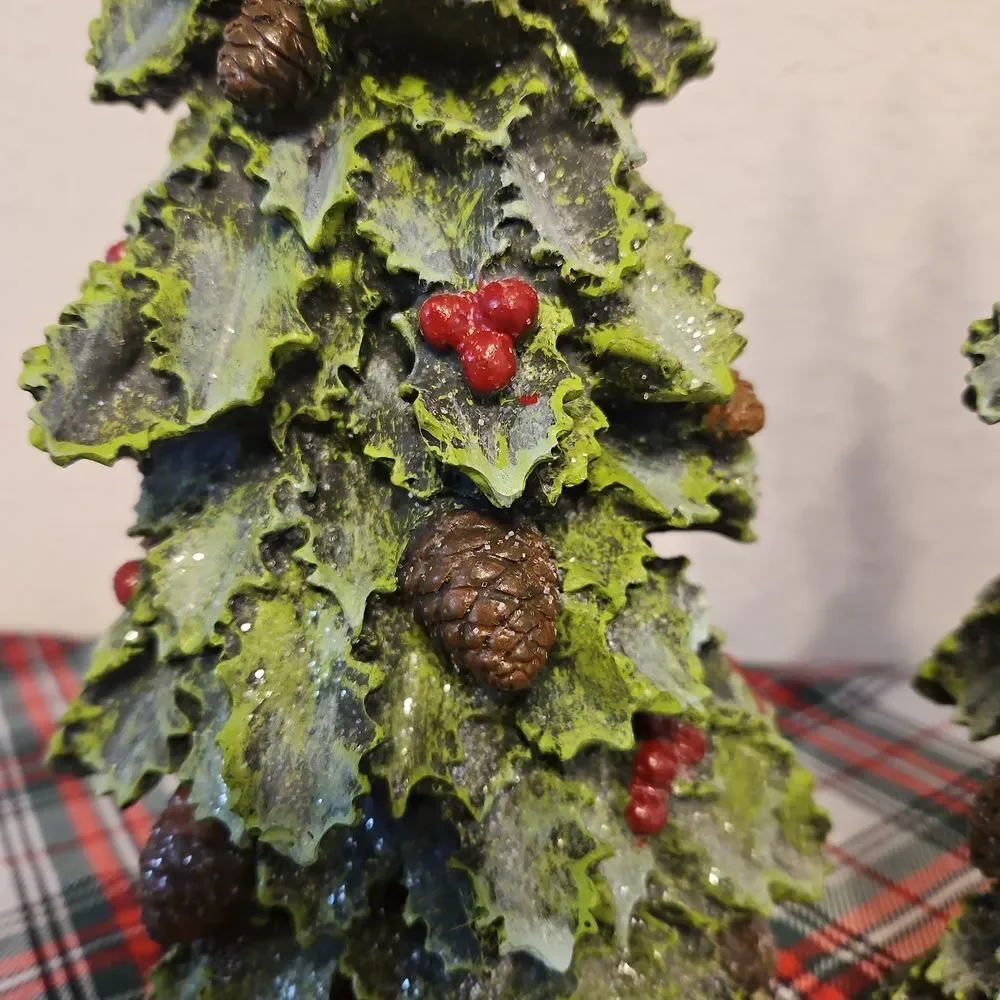 Set Of 2 Elegant Holly & Berry Evergreen Holiday Resin Tree Decor
